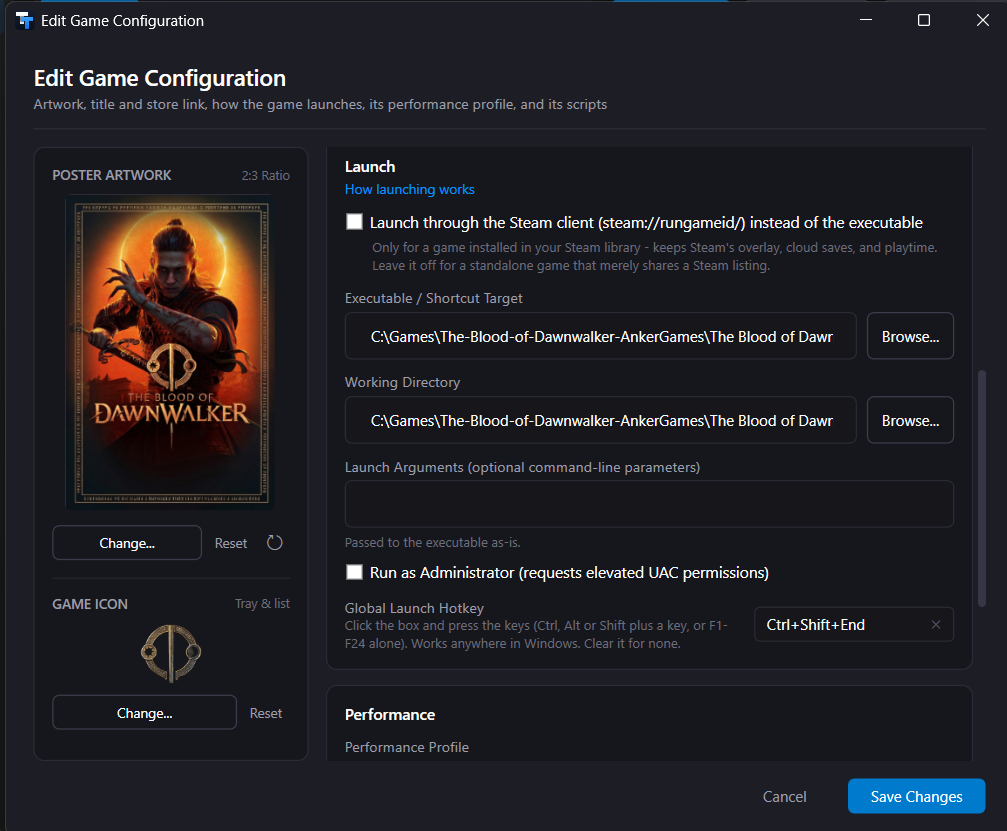 Edit Game: the Launch card with launcher options, target, working directory, and arguments