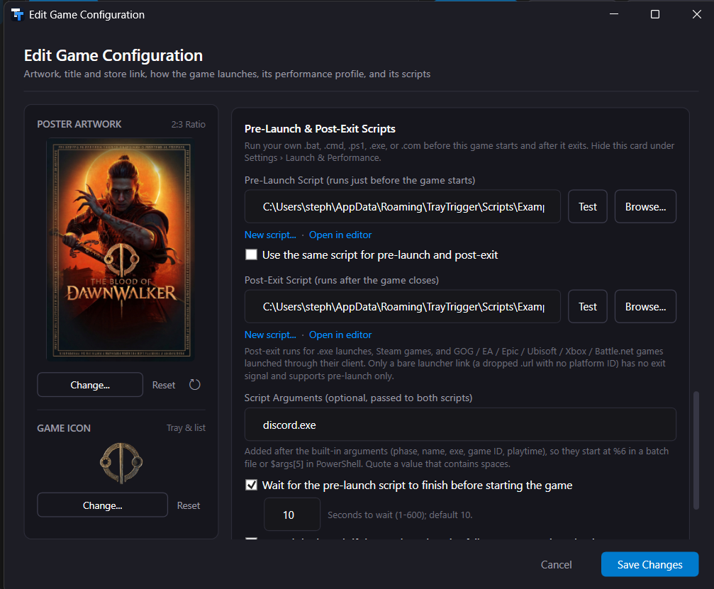 Edit Game: the Pre-Launch and Post-Exit Scripts card with Test Run buttons