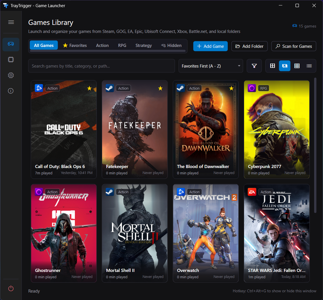 Games library in poster grid view with categories, filters, and launcher badges