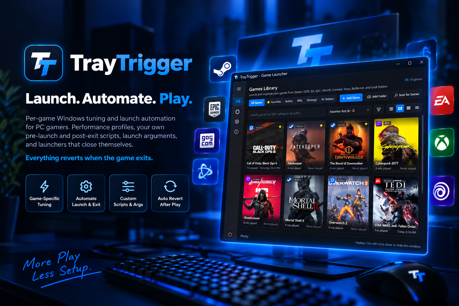 TrayTrigger: Launch. Automate. Play. The games library on a monitor, ringed by the Steam, Epic, GOG, Battle.net, EA, Xbox, and Ubisoft logos