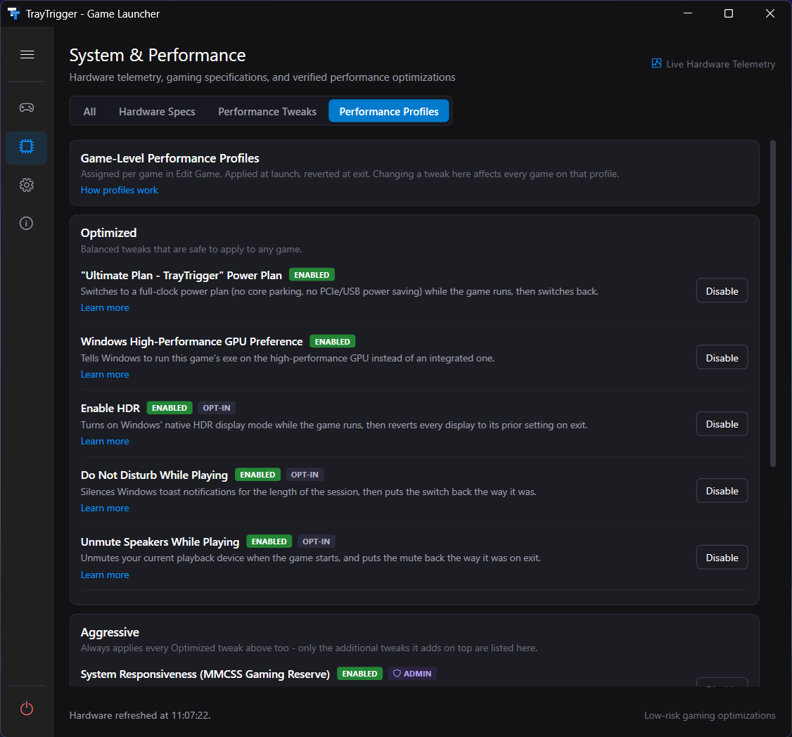 Performance Profiles: the Optimized tier's tweaks with ENABLED and OPT-IN badges