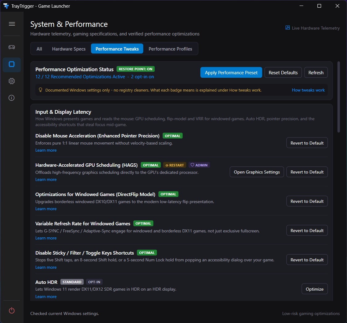 Performance Tweaks page: recommended optimizations active, each with its real Windows state and a Revert to Default button